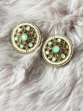 Gold-Tone Round Earrings with Mint Accents - Women Jewelry